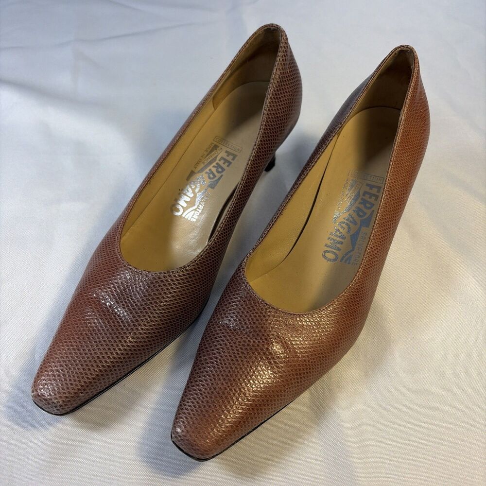 Ferragamo Pink Leather Snake Skin Heels Pumps Womens 8B